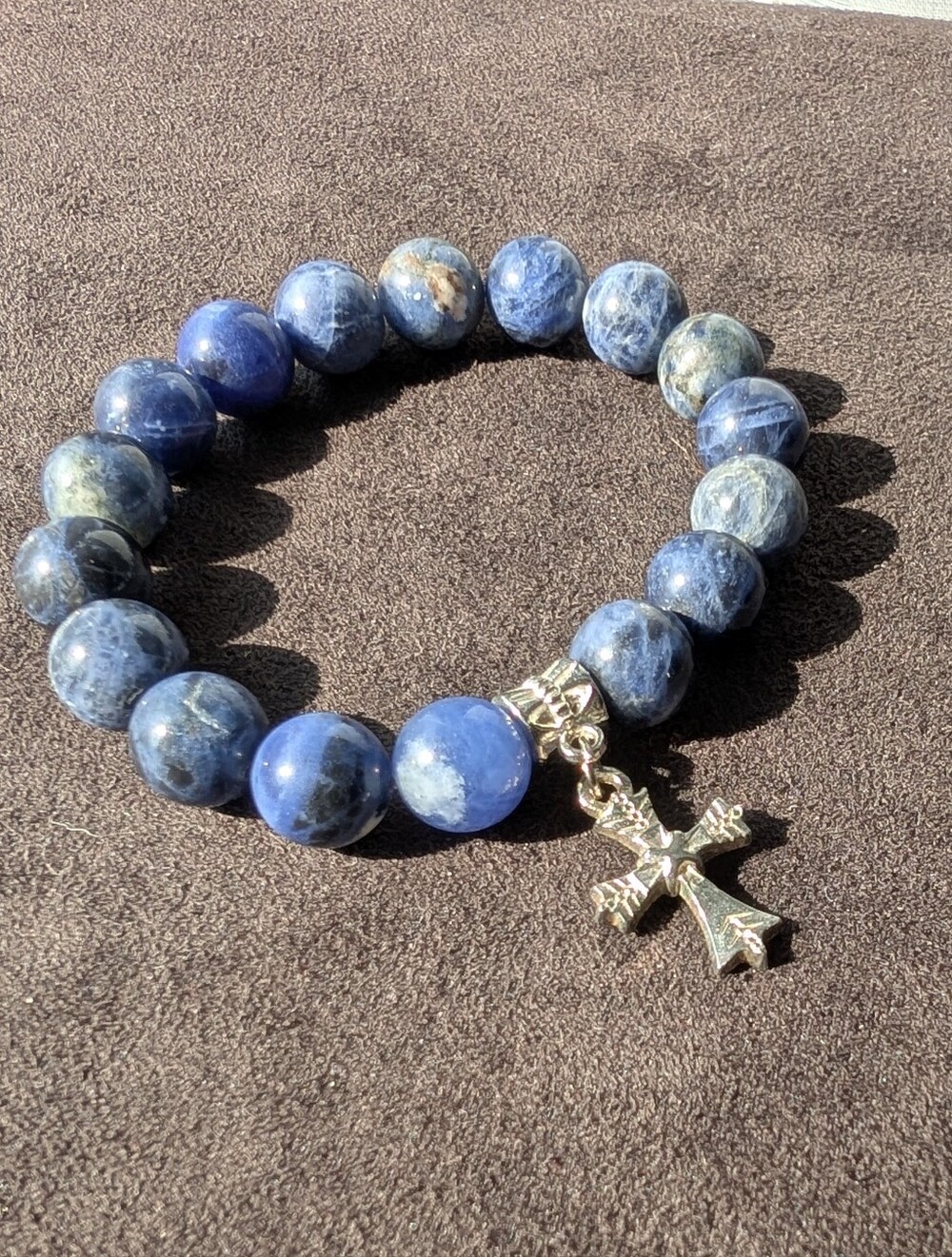 Blue Marbled Stone Beaded Bracelet Set with Ornate Silver Tone Cross Charm